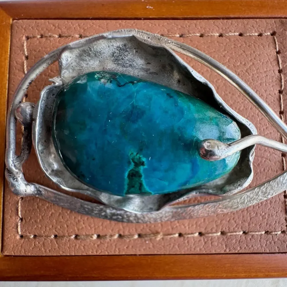 Vintage 925 Sterling Silver Chrysocolla Handmade Modernist Brooch Pin